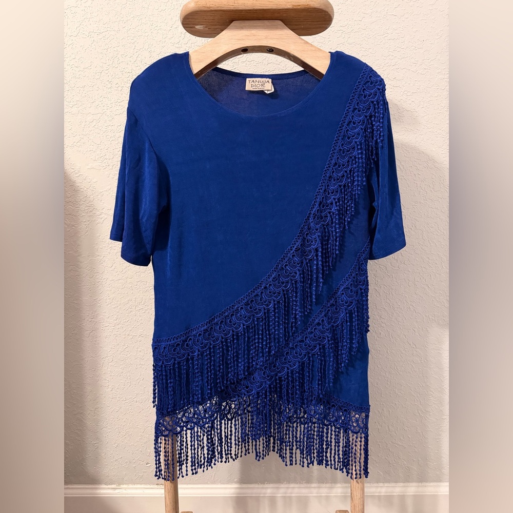 Vintage Tanuja Dior Royal Blue Tassel Fringe Top Boho Chic Layered Blouse
-C